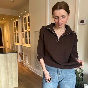 Henley 1/3 Zip Ribbed Sweater Brown SMALL